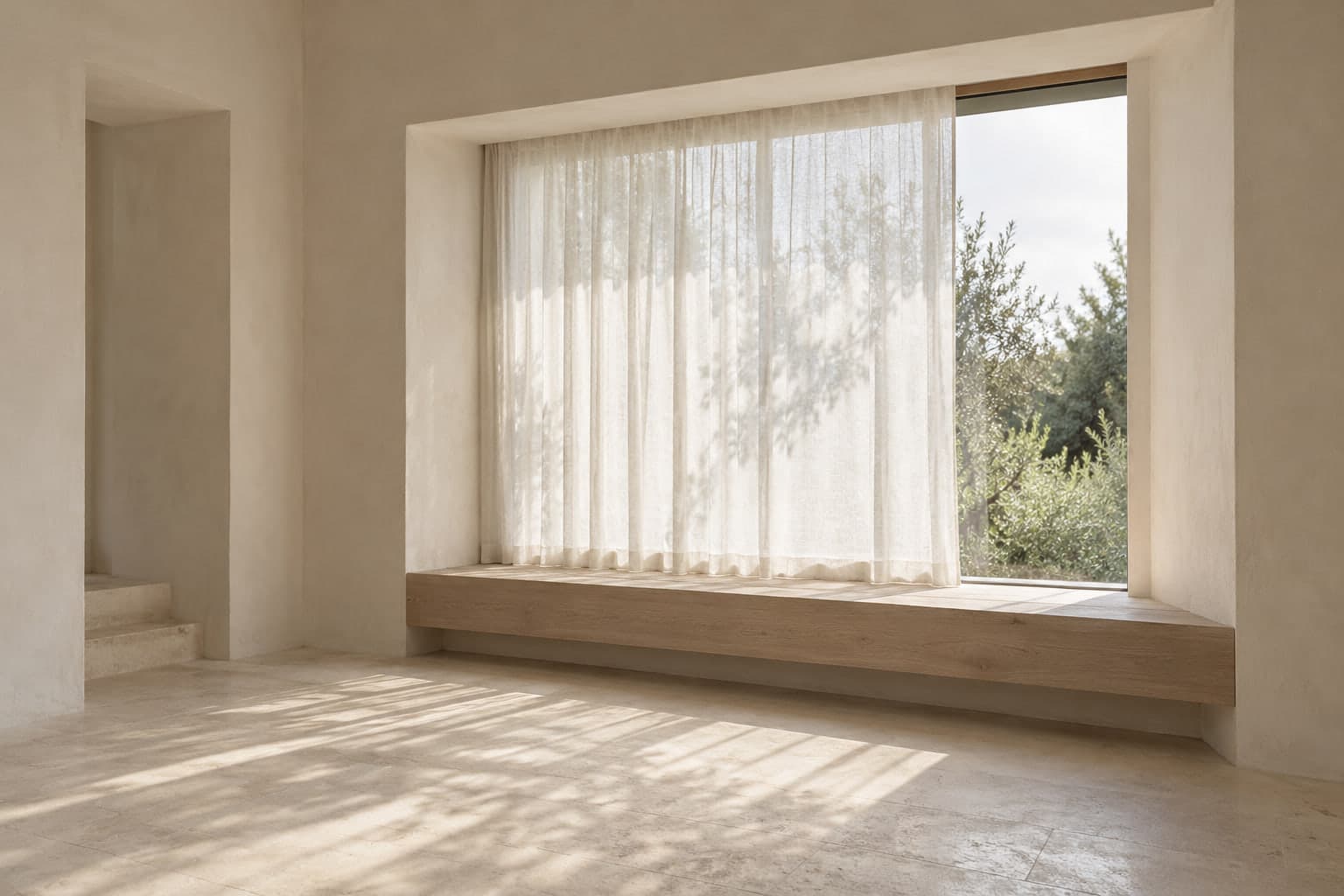A lime-plaster room with a deep window reveal, a low oak bench and linen curtain shadows on a stone floor