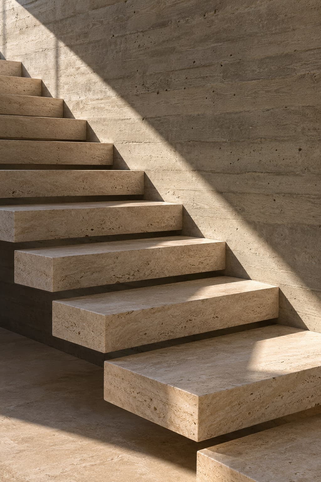 Cantilevered travertine stair treads rising along a board-formed concrete wall, cut by a diagonal band of sunlight