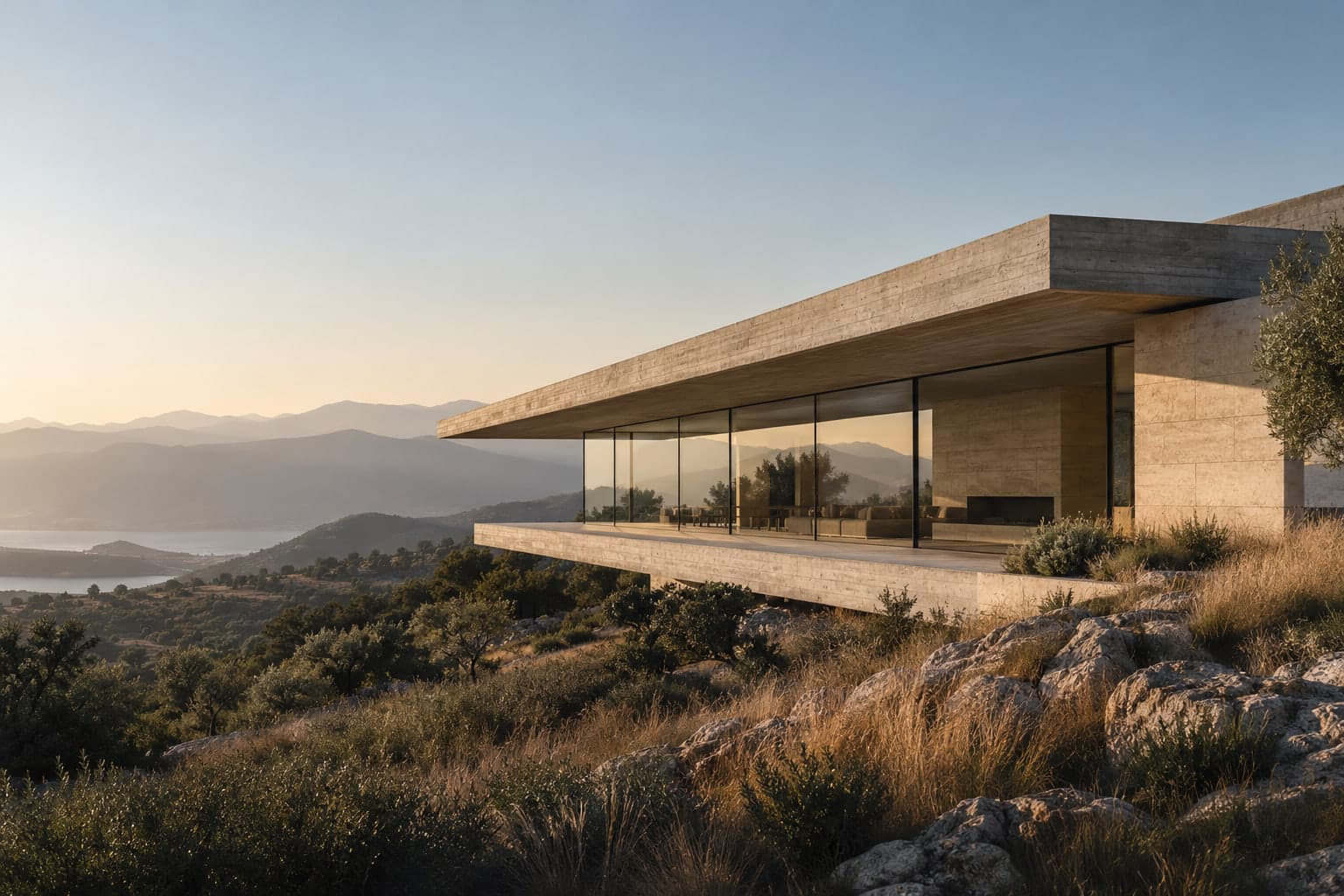 A long concrete and stone house cantilevered over a dry hillside at the last light of the day