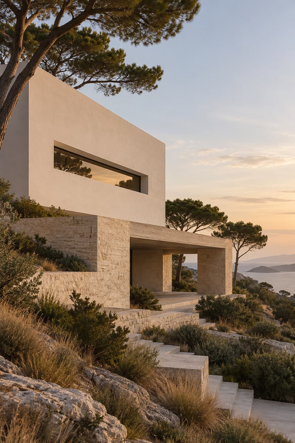 A white plaster and travertine house stepping down a coastal slope among pines