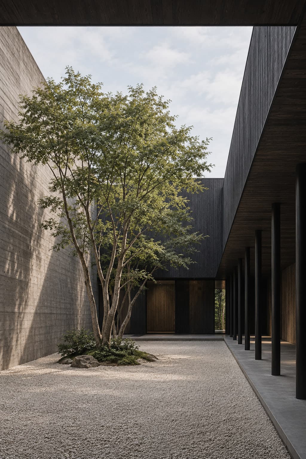 A quiet courtyard of charred timber and concrete walls around a single tree in raked gravel